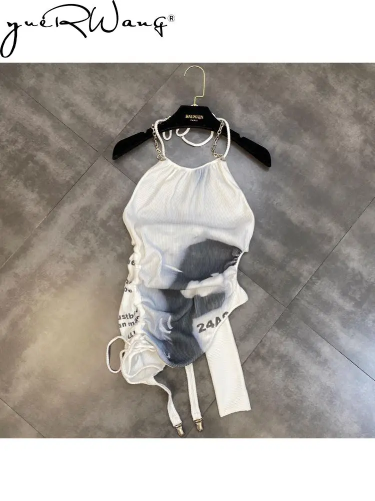 

YUERWANG Women Tank Tops Rope Chain Backless Drawstring Sleeveless Crop Fashion Irregular Ladies Waistcoat Sexy Tops 2022 New