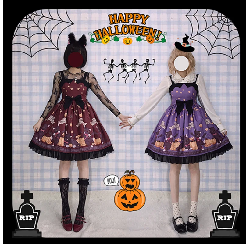 

Halloween gothic vintage sweet lolita dress cute printing bowknot high waist victorian dress kawaii girl gothic lolita jsk cos
