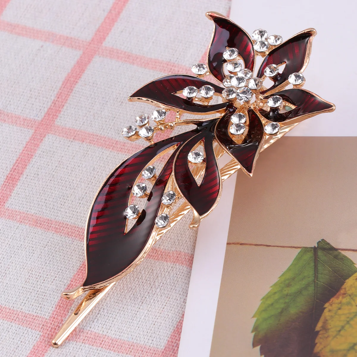 

Hair Barrettes For Thick Hair Water- drill Alloy Leaves Shape Hair Clip with Pinch for Ladies ( Red )