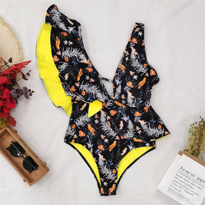 

Sexy Ruffle Printed Push Up Sexy Deep V Neck Swimwear Women One Piece Swimsuit Female 2021 New Beachwear Backless Bathing Suit