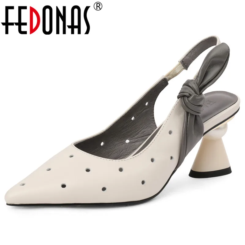 FEDONAS Spring Summer Women Sandals Elegant Pointed Toe Strange Heels Hollow Genuine Leather Pumps Office Wedding Shoes Woman