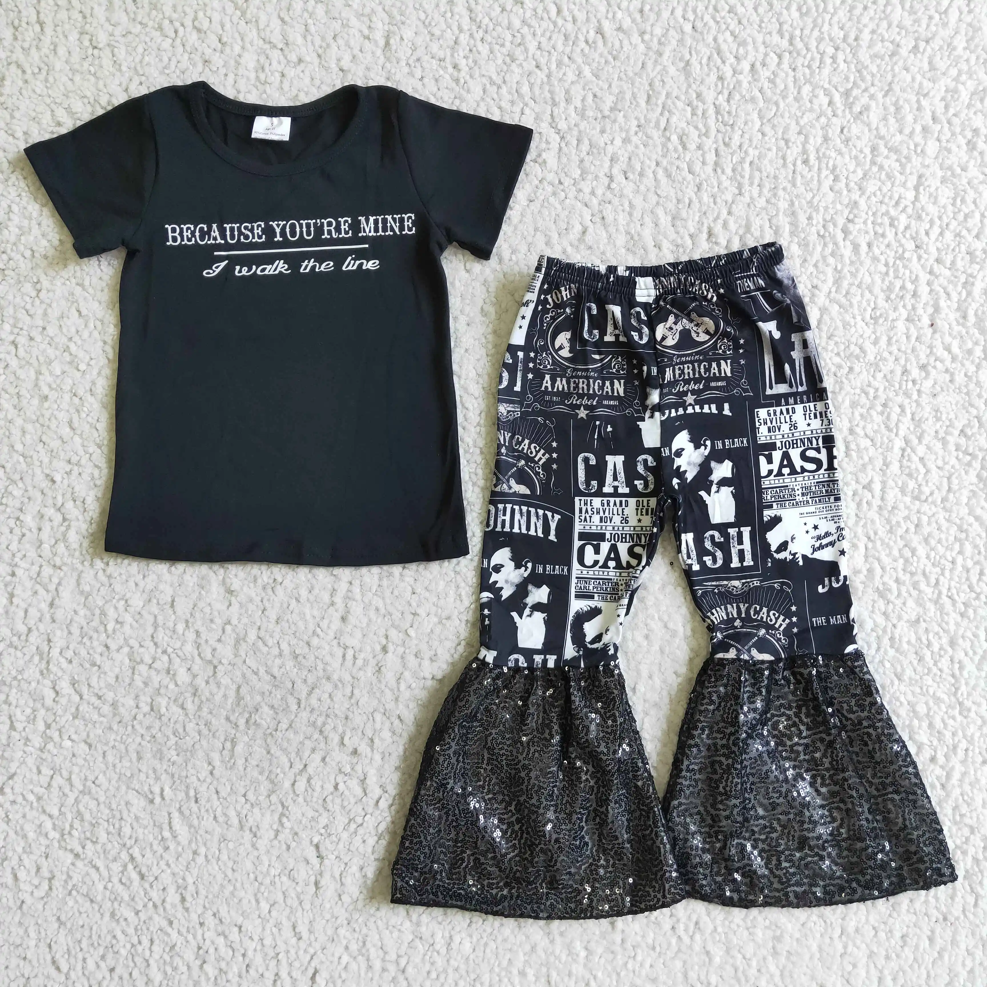 

Little Baby Girl Black Singer Outfits Toddlers Boutique Wholesale Clothes Bell Bottom Sequined Pants Kids Children Sets Clothing