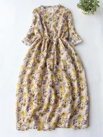 2022 new summer floral bohemian sundress ruffled collar drawstring cotton short sleeve party dress for women robe femme