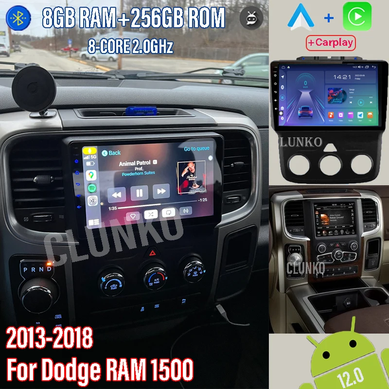 

Clunko For Dodge RAM 1500 2013 - 2018 Android Car Radio Stereo Tesla Screen Multimedia Player Carplay Auto 8G+256G 4G Bluetooth