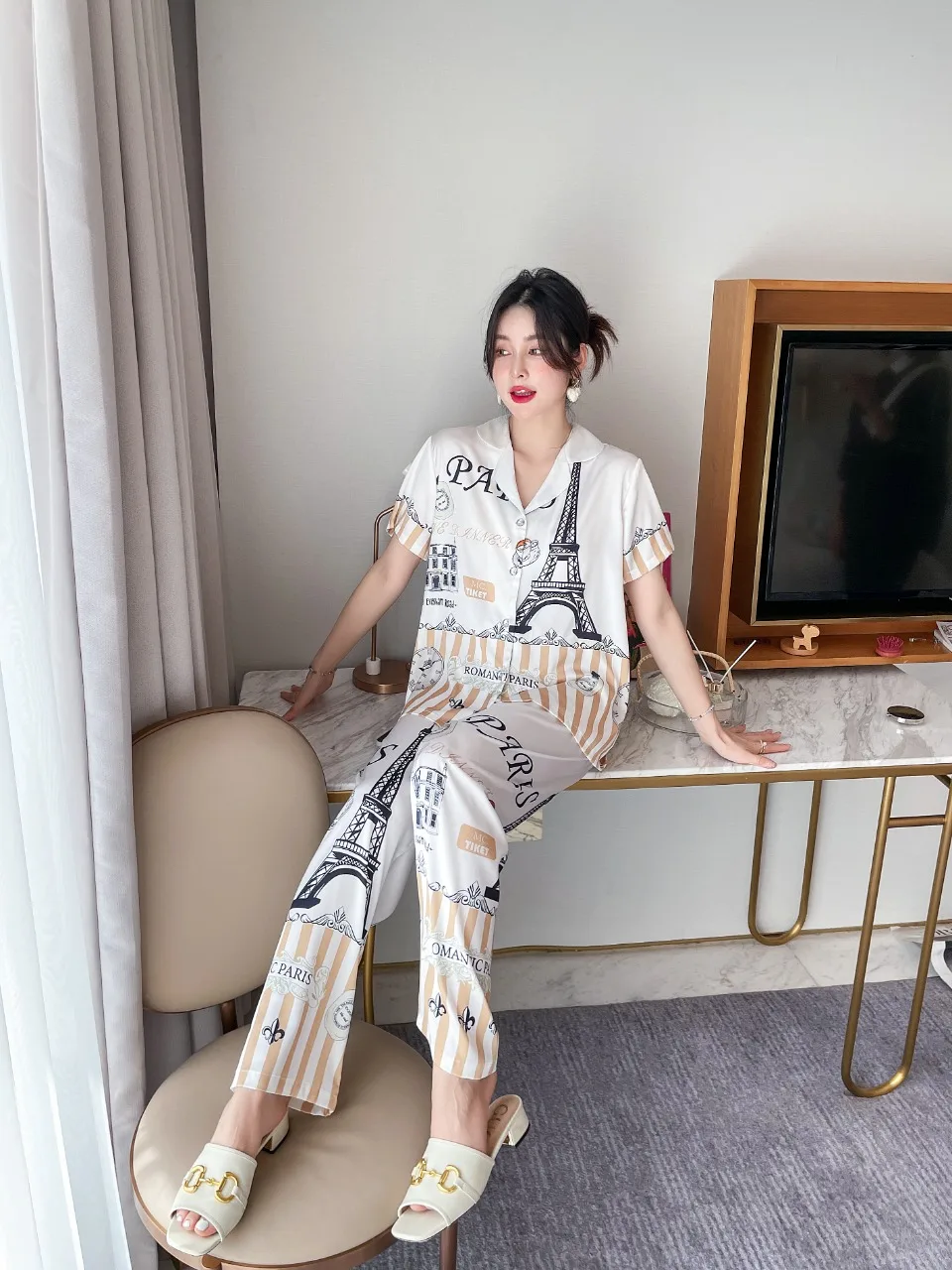 [Women's pajamas] [high-quality]Summer New Cartoon Pajamas Women's INS Ice Home Fur Short Sleeve Long Pants Set Net Red Style