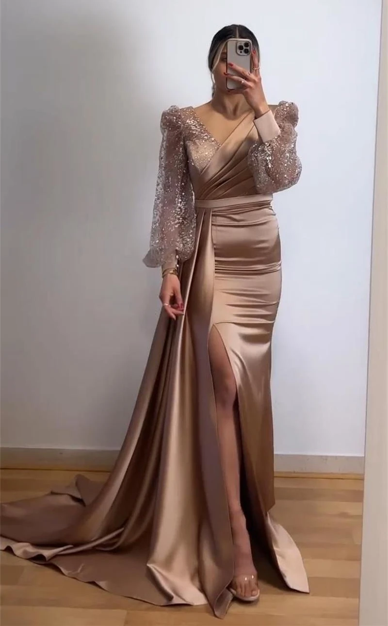 

Dark Champagne Satin V Neck Long Sleeves Prom Dresses Pleated Floor Length Saudi Arabic Women Evening Party Dress