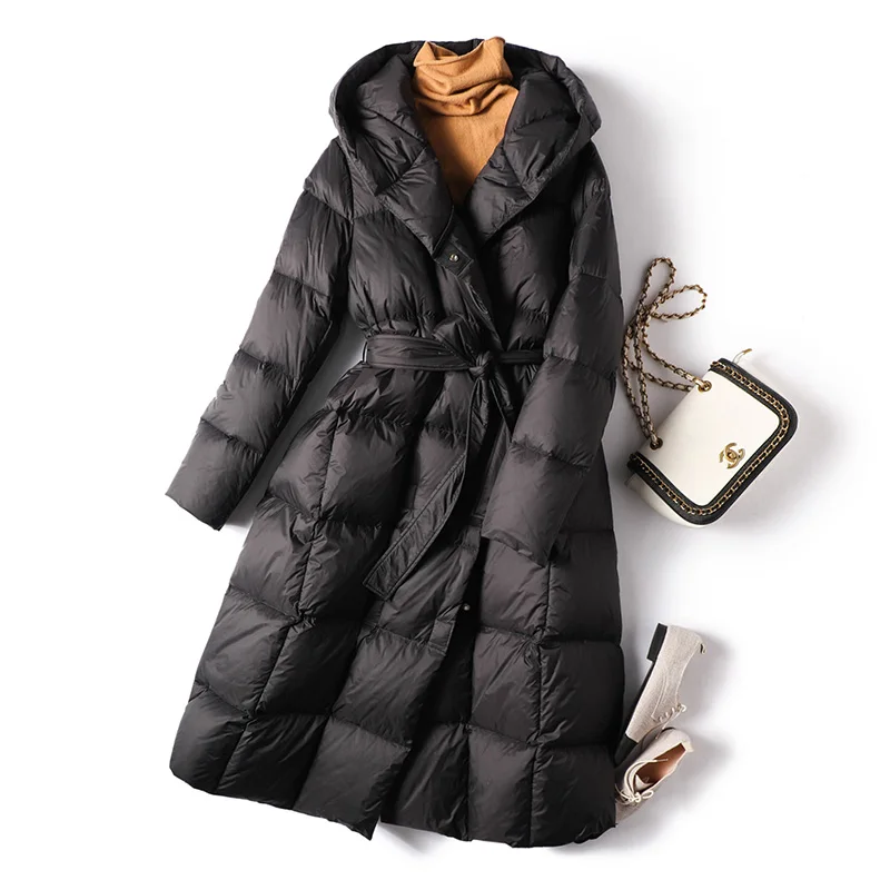 Fashion Design New 90%  White Duck Down  Long  Puffer Jacket  Abrigos Mujer  Women Jacket  Luxury  Slim  Adjustable Waist