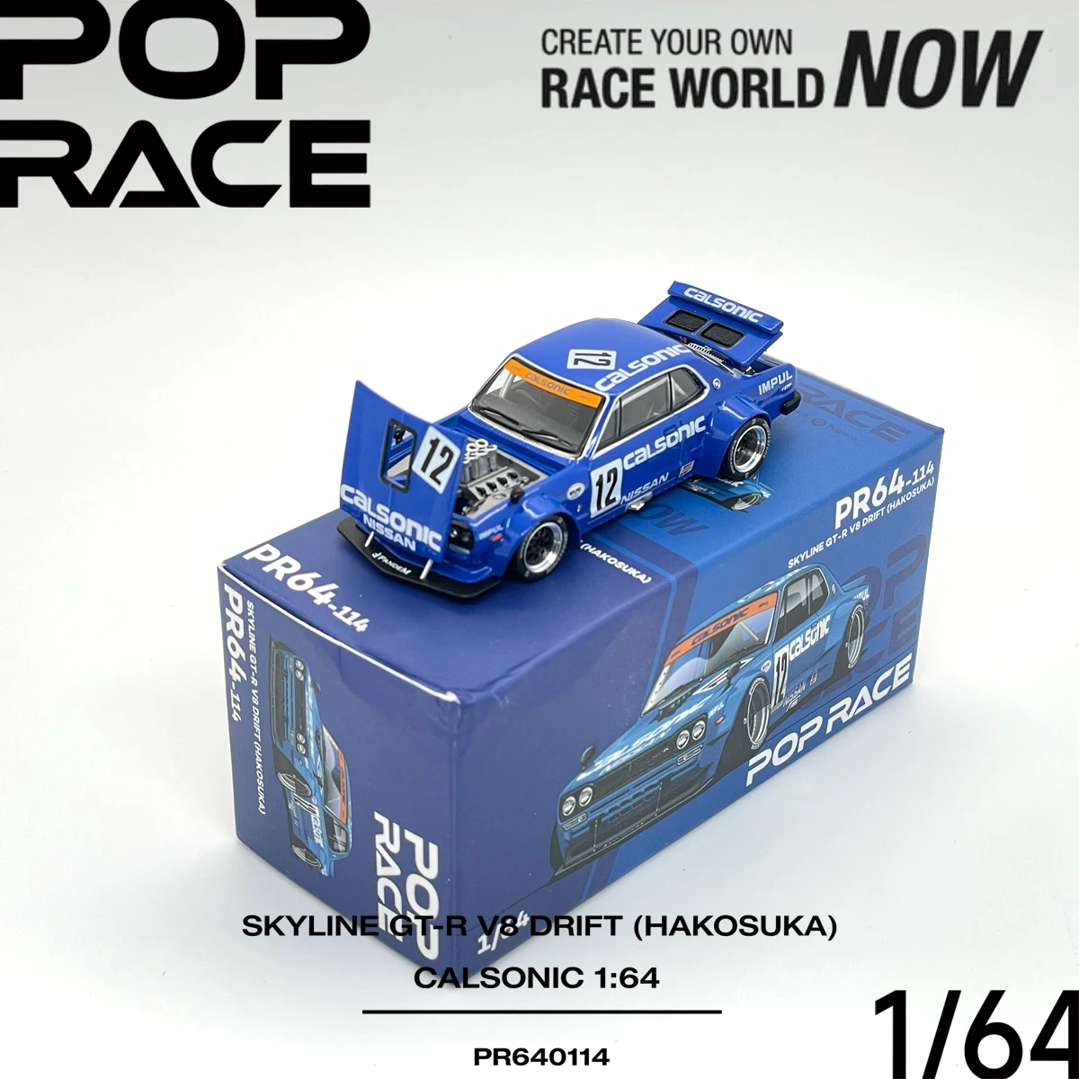 Фото В наличии JDM Pop Race PR640114 1:64 Skyline GT‑R V8 Drift Hakosuka Calsonic Widebody Open Parts Коллекционная модель автомобиля из сплава №1