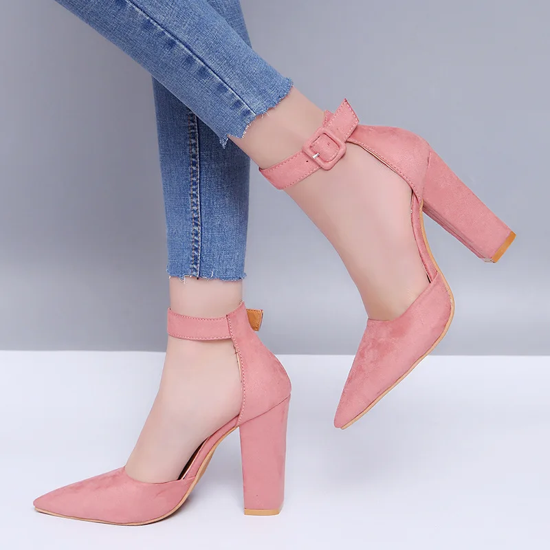 

Ladies Thick Heel Pointed Toe Buckle Strap Shoes Ankle Strap Woman Pumps Girls High Heels Shoes Summer Cute Pink Party Footwear