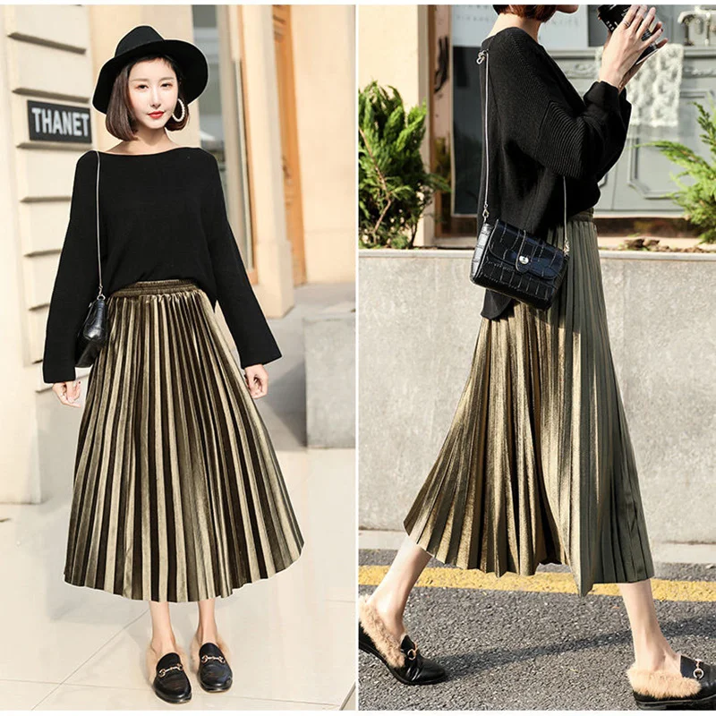 

Pleuche Golden Velvet Pleats A-line Dance Party Elastic High Waist Women's Skirt Korean Fashion Mid-Calf Long Skirts For Women