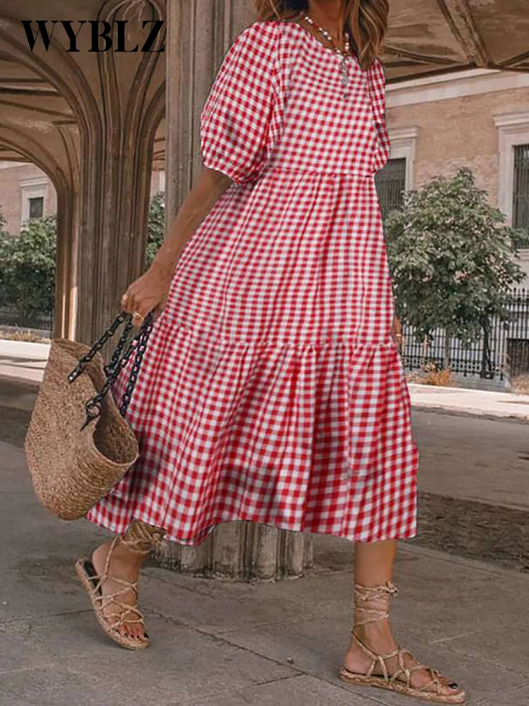 

Винтажное летнее платье в клетку, Привлекательное платье с рукавом-фонариком до середины икры, пляжный богемный женский летний сарафан, пов...