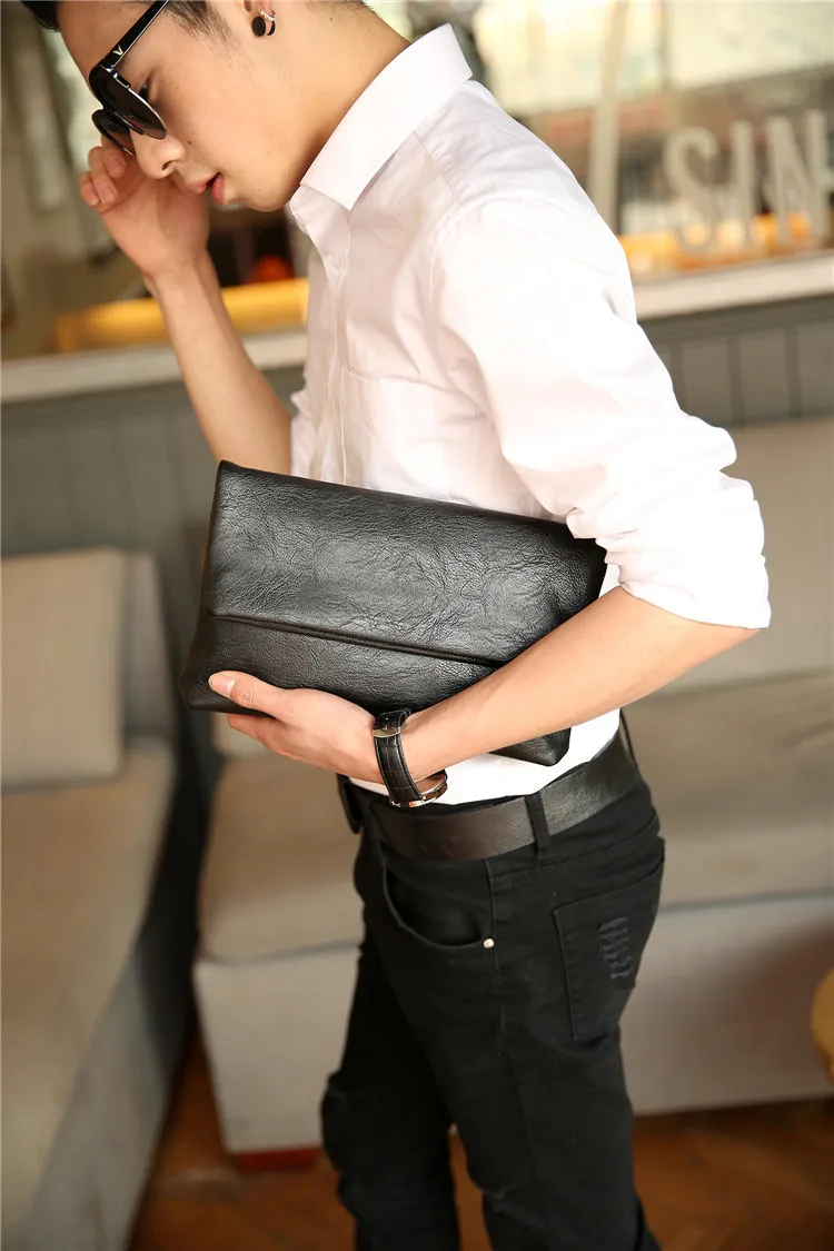 Fashion Men's Folding Handbag Clutch Bag Organizer Wallet Trend Ipadbags Moneybag Business Leisure Black Wear-resistant PU