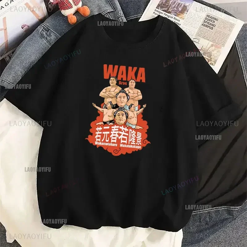 Фото Мужская модная повседневная хлопковая футболка с короткими рукавами и котом сумо с милым узором, уличная одежда в стиле Харадзюку в стиле манга для женщин №1