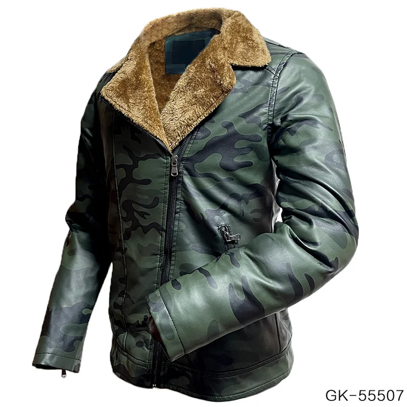 Autumn And Winter Plush Leather Coat Men'S Retro  Fashion Urban Body Stand Collar Casual Camouflage Pu Inclined Zipp