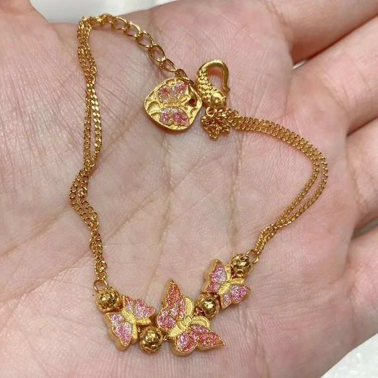 Роскошный привлекательный розовый ореол окрашенный золотой браслет-бабочка с