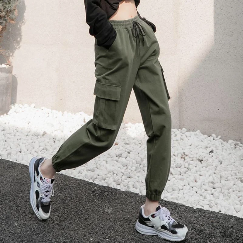 

Female Casual Slim Wrap Hips Ankle-Length Pants Summer Women Skinny Elastic Mid Waist Pencil Pants Drawstring Pockets Trousers