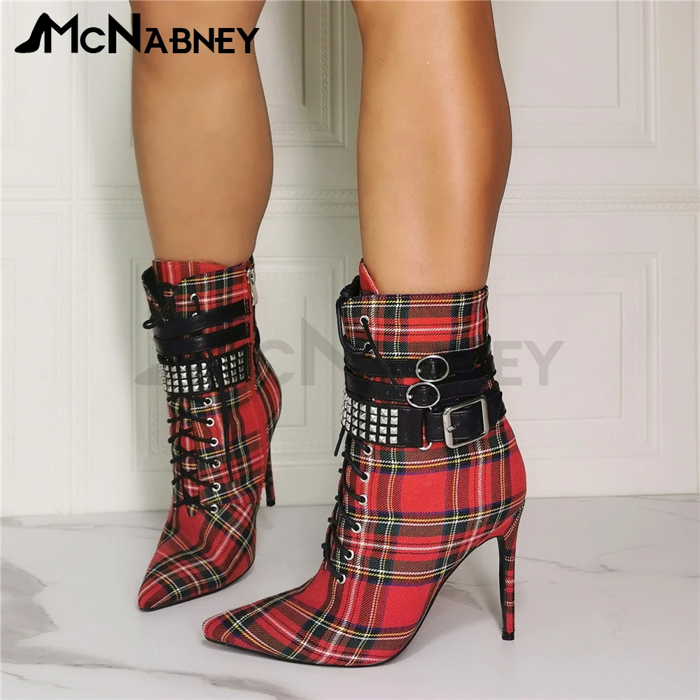 Premium Leather Boots Plaid Ankle Boots Black and Red Mixed Color Modern Boots Punk Style Stud Decoration Women's Boots Hot Sale