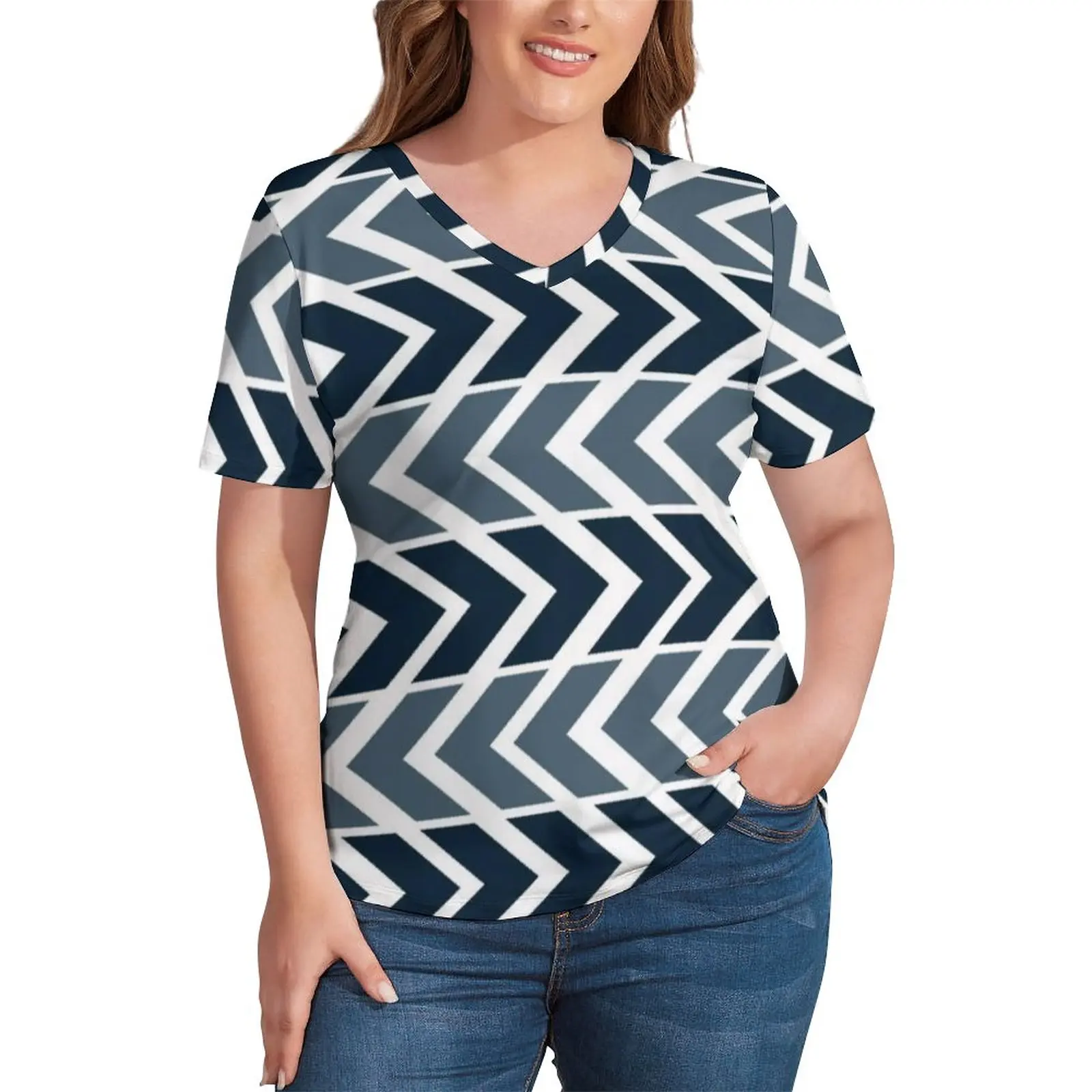 

Nordic Pattern T-Shirts Blue Arrow Geometric V Neck Street Style Oversized T Shirt Women Modern Tee Shirt Sexy Pattern Top Tees