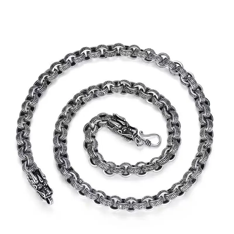 

S925 Sterling Silver Men's Domineering Retro Necklace with Double Bibcock Thai Silver Jewelry Great Wall Pattern Luxury Necklace