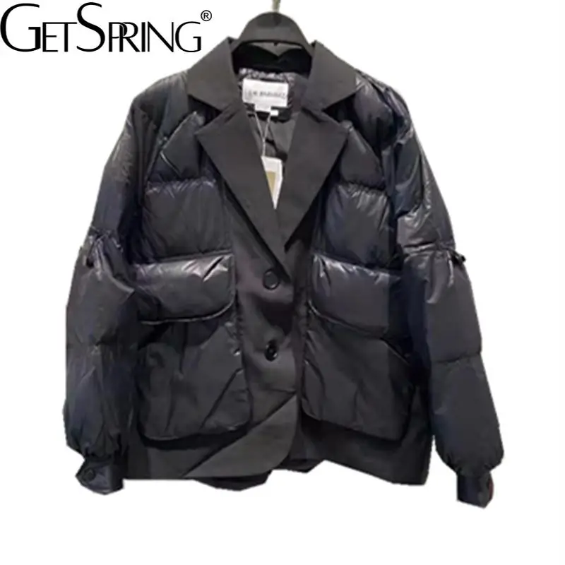 

Getspring, женский пуховик, зимняя сращивающаяся искусственная двойка, Черная Женская зимняя Асимметричная винтажная модная плотная куртка, но...