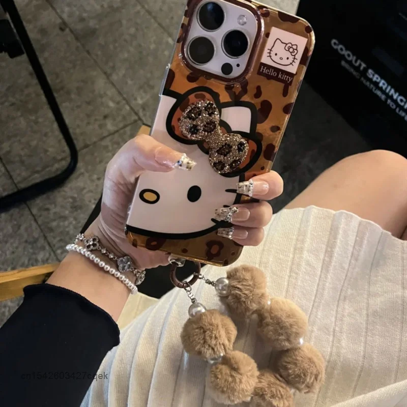 Sanrio Hello Kitty 3D Bow Rhinestone Роскошный чехол для телефона с леопардовым принтом IPhone 16 15 14
