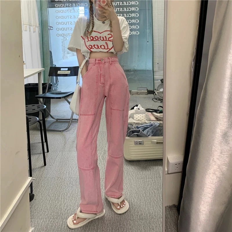 

Women Jeans High Waist New 2022 Spring Autumn Korean Fashion Baggy Straight Trousers Casual Mom Denim Pants Pink Streetwear
