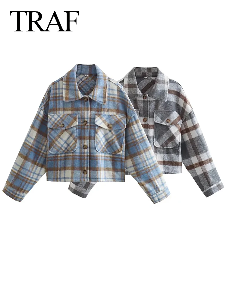 

TRAF 2022 Fashion Jacket Short Coat Trend Plaid Lapel Long Sleeve Pocket Single Breasted Versatile Spring Autumn Top Women