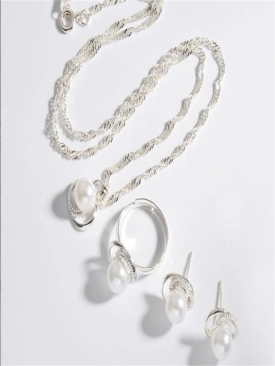

Exquisite rhinestone imitation pearl earrings necklace ring set for woman
