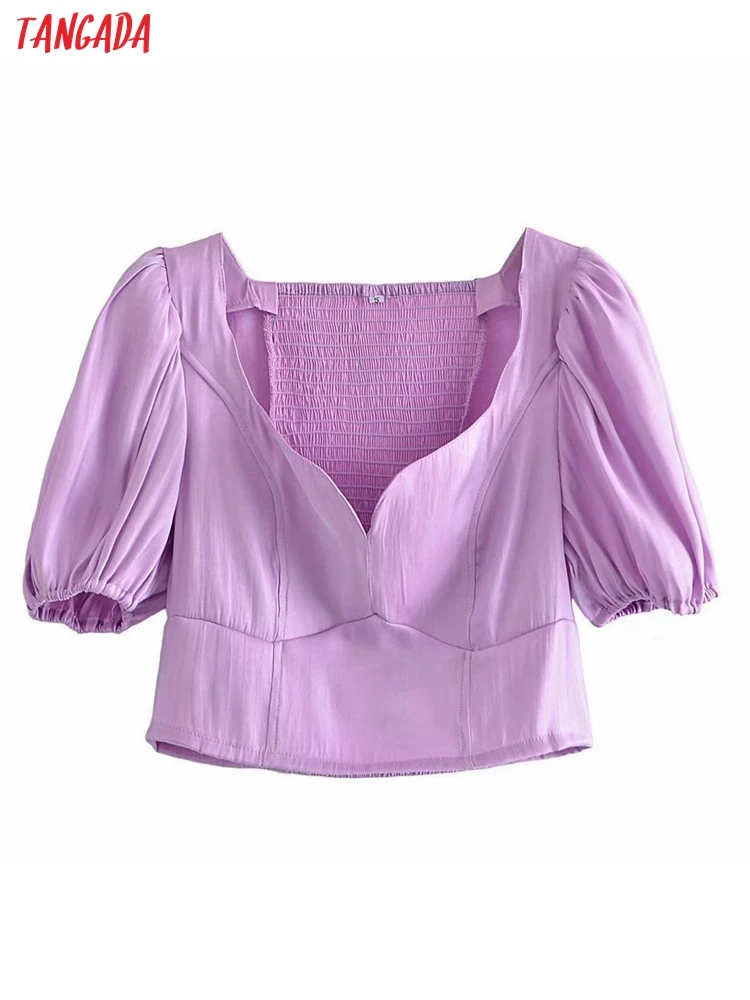 

Женская укороченная рубашка Tangada, фиолетовая шикарная блузка с коротким рукавом-фонариком, 5D56, 2022