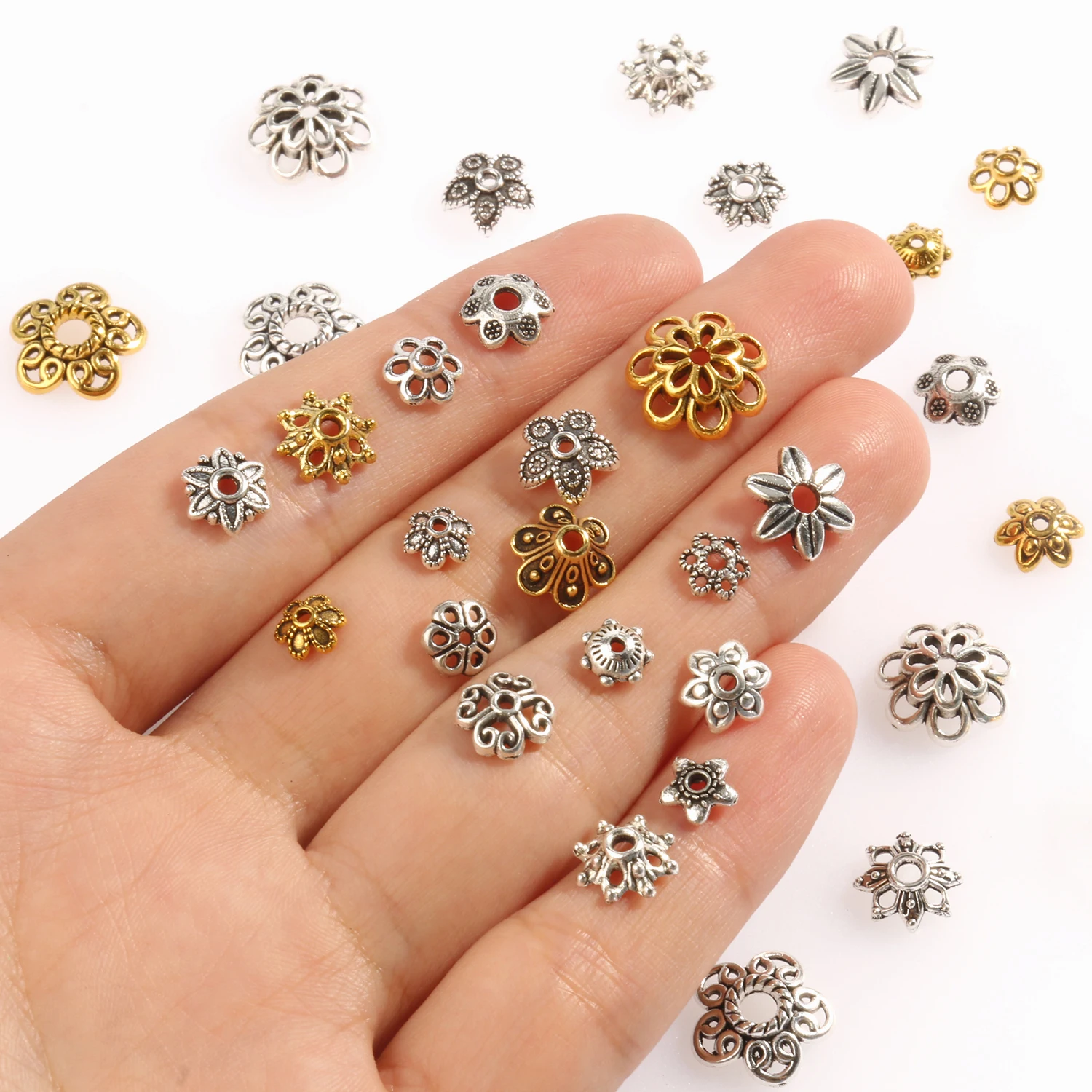 

Tibetan Antique Silver Color Gold Flower Beads End Caps Spacer Beads For Jewelry Making Needlework Charms Necklace Bracelets