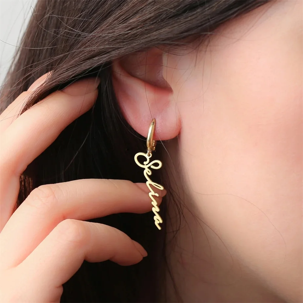 

A Pair Personalized Earrings for Women Girls Custom Name Letter Vertical Hoop Earring Stainless Steel Jewelry Birthday Gifts