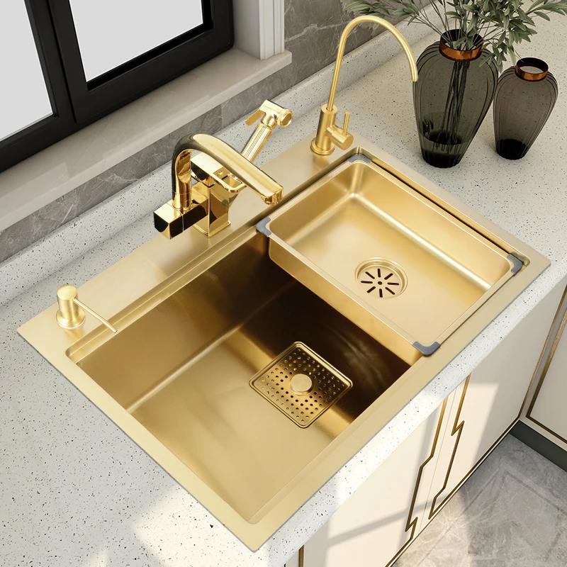 

Gold 304 Stainless Steel Sink Large Single Sink Washing Basin Kitchen Household Scullery Vegetable Washing Sink Drop-in Sink