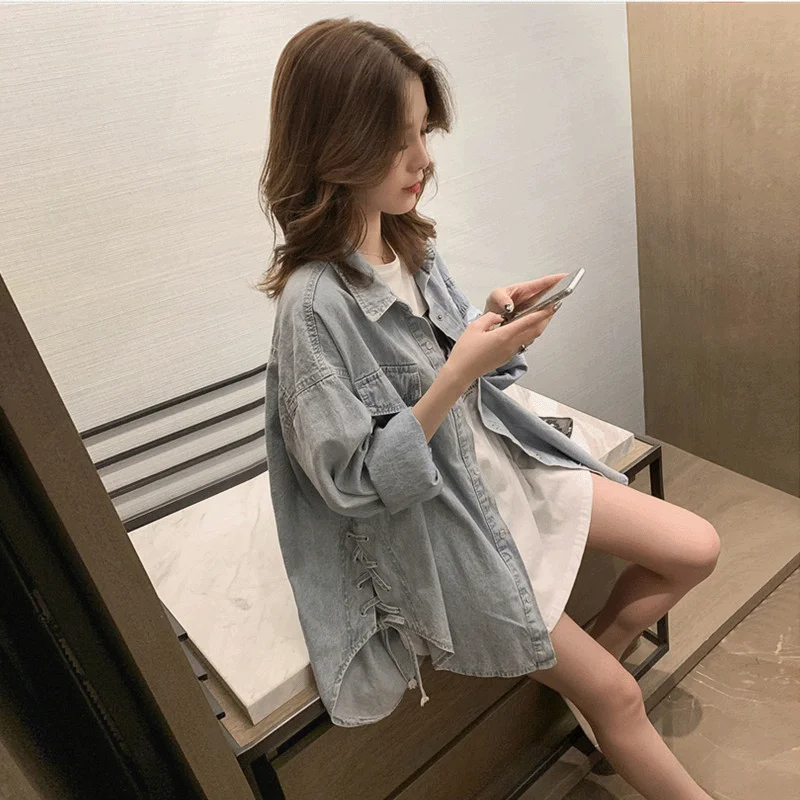 

2022 Spring and Autumn Clothing New Korean Version Loose Denim Shirt Women's Mid-length All-match Early Autumn Thin Coat Tide