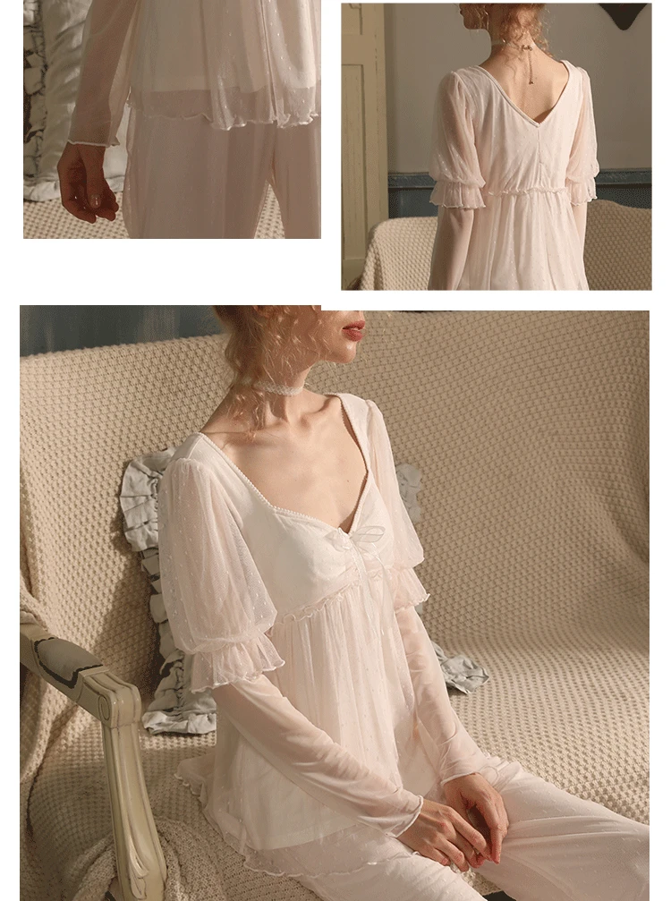 Women's Retro Spring Autumn Light Thin Wave Point Mesh with Removable Chest Pad Pajama Sets Comfort Modal Sleepwear Pajamas