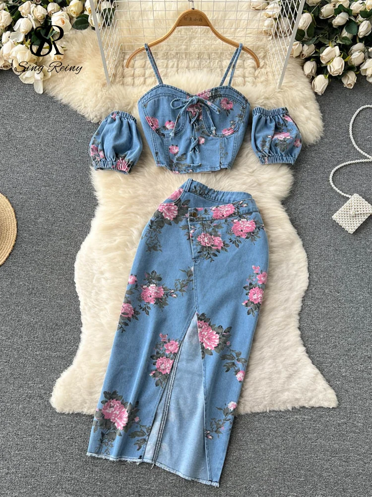 

LIRUICHENG Summer Floral Print Denim Two Pieces Sets Women Strapless Elastic Waist Camisole+ Split Long Skirt Set Denim Suits