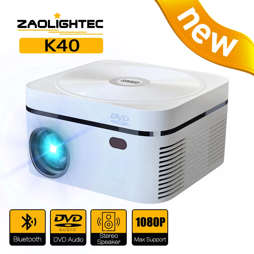ZAOLIGHTEC K40 Projector Portable Projector Support 1080P 200" Display Projector & DVD Player In One Ideal for Home Theater