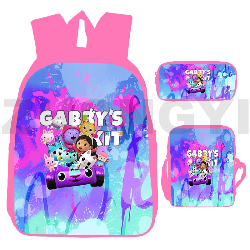 

3 in1 Canvas Gabby's Doll House Backpacks for Girls Cute Anime Crossbody Bags Students 3D Gabbys Dollhouse Schoolbag Kid Bookbag