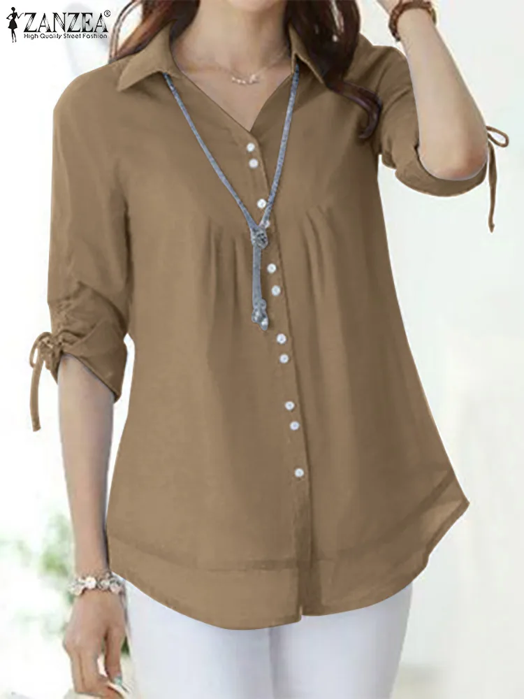 

Женская элегантная однотонная блузка ZANZEA, модная Свободная рубашка с рукавом 3/4 и воротником с лацканами, Весенняя Праздничная рубашка на п...