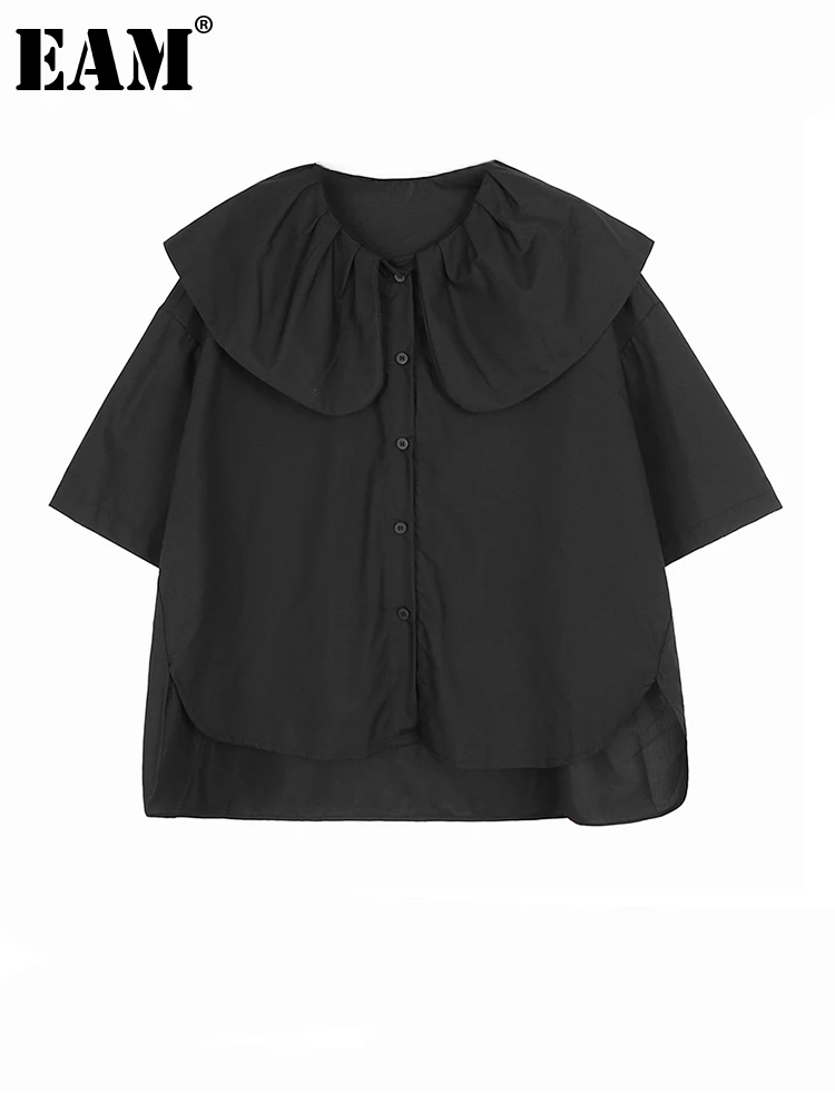 

[EAM] Women Black Big Size Blouse New Peter Pan Collar Three-quarter Sleeve Loose Fit Shirt Fashion Spring Summer 2022 1DE9201