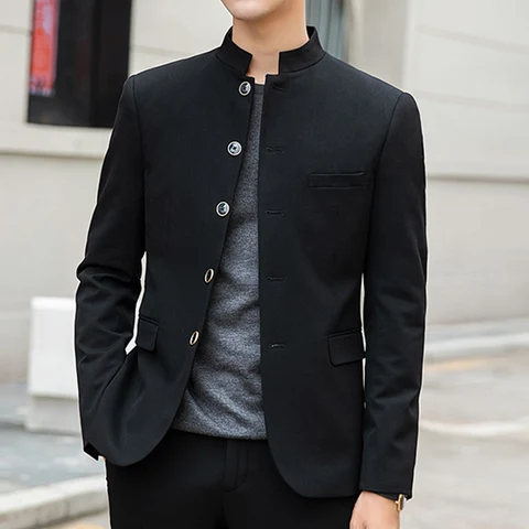 Мужской однобортный пиджак с воротником-стойкой, повседневный однотонный серый пиджак в Корейском стиле, весна-осень 2022