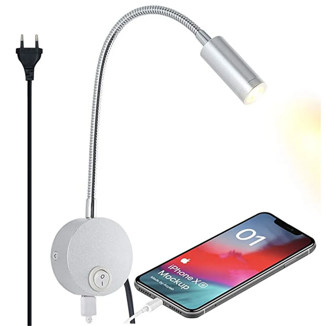 Купи Plug-in Wall Mounted Reading Light with USB Charging Port Flexible LED Bedside Wall Lamp with switch and gooseneck for bedside за 1,019 рублей в магазине AliExpress