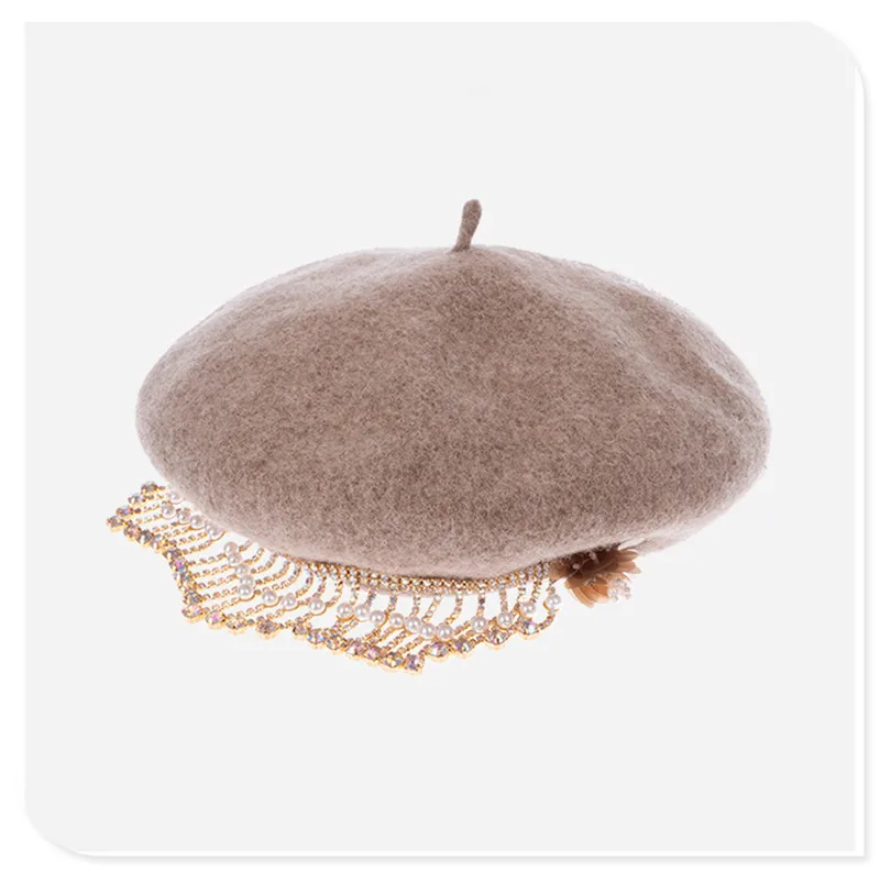 

202202-shi facebook designer gorgeous palace style Rhinestone tassel wool felt lady beret hat women Leisure painter hat