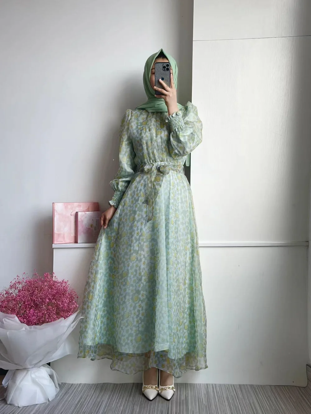 New Muslim Arab Pakistan Women's Fashion Printed Organza Dress Middle East Moroccan Kaftan Abayas for Women Robes