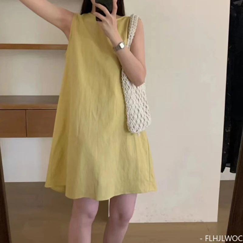 

Летние свободные платья из смеси хлопка, новый дизайн, японское шикарное корейское модное женское повседневное однотонное винтажное платье в стиле ретро без рукавов