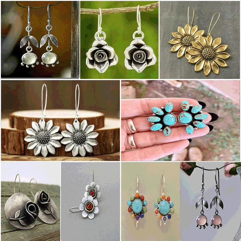 

Ethnic Ancient Silver Color Water Droplet Hook Dangle Earrings Vintage Bohemian Hand Carved Sunflower Earrings for Women Jewelry