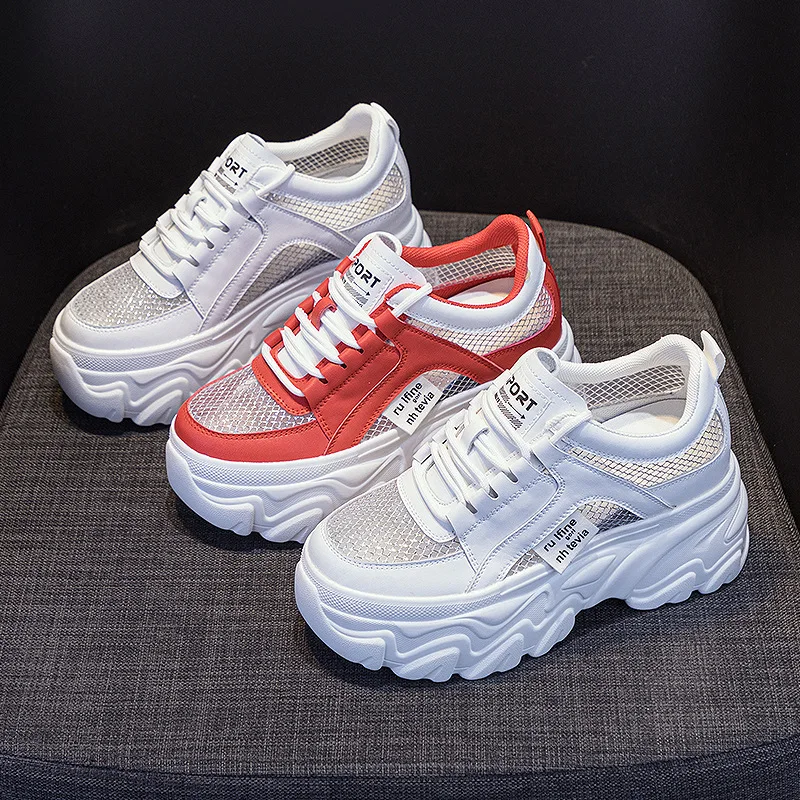 9cm Genuine Leather Women Sneakers Air Mesh Breathable Casual Sandals Hollow Platform Wedge Chunky 2023 Lace Up Summer Shoes