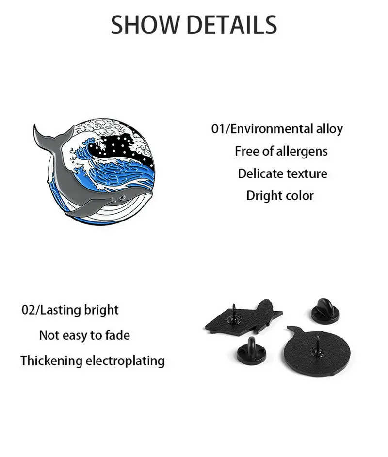 Эмалированные броши с китом и океаном