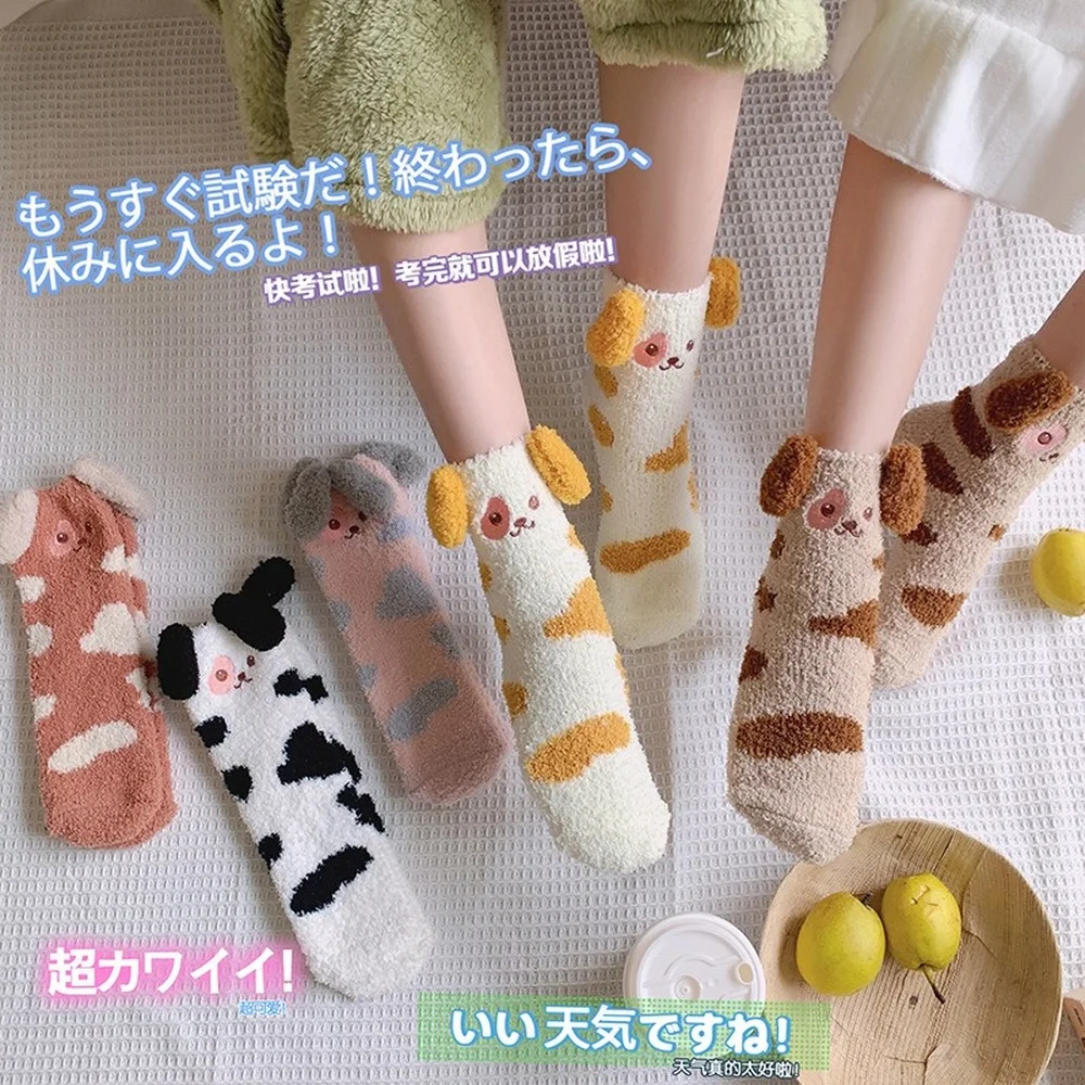 5 Pairs Winter Japanese Plush Coral Fleece Socks Female Mid-tube Cute Cartoon Plus Velvet Thickening Warm Home Floor Socks