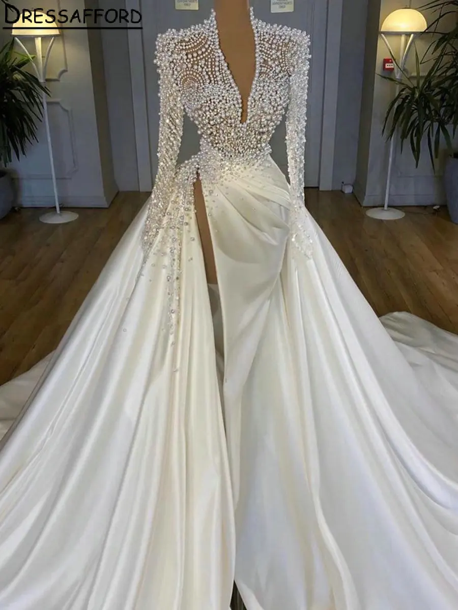 

Real Image V-Neck Long Sleeve Dubai Wedding Dresses Mermaid Illusion Beading Pearls High Split Saudi Arabic Bridal Gown