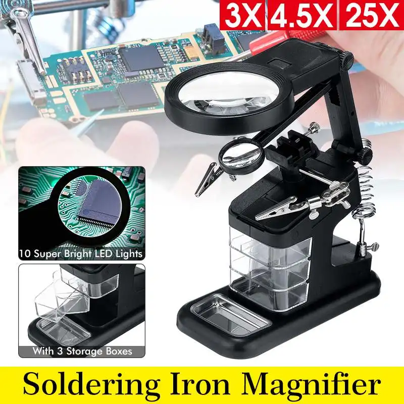 

3X/4.5X/25X 3 Mode Helping Hand Clip Clamp LED Magnifying Glass Soldering Iron Stand Magnifier Welding Rework Repair Holder Tool